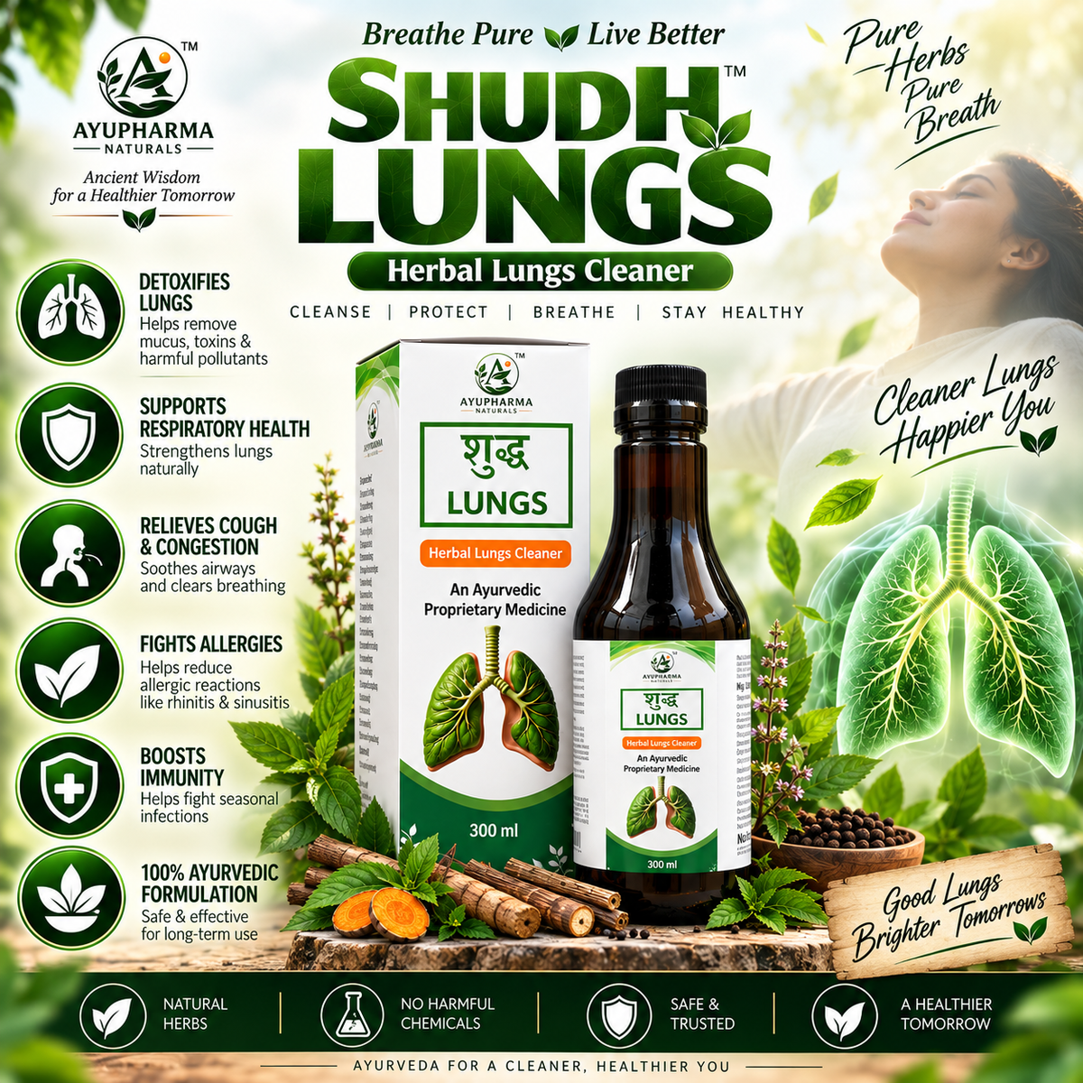 Ayupharma Naturals Shudh Lungs – Herbal Lungs Cleaner Ayurvedic Proprietary Medicine | 300 ml