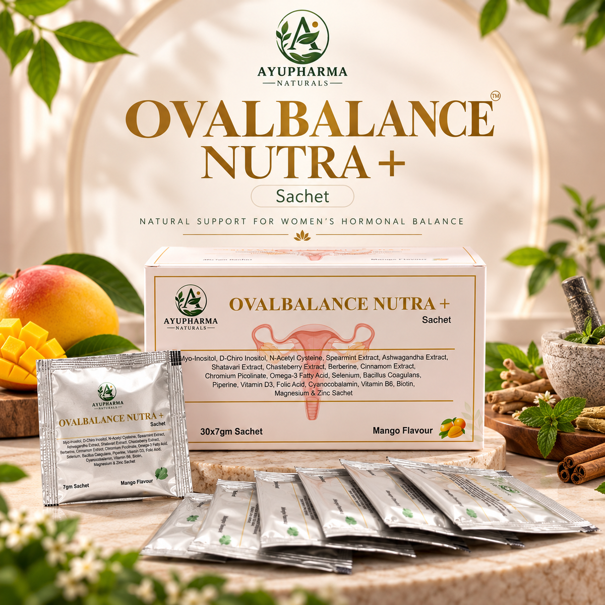 Ayupharma Naturals OVALBALANCE NUTRA+ Sachet – Mango Flavour | 30 × 7 g